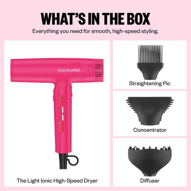 The Nano Titanium Light Ionic High-Speed Dryer by BaBylissPRO offers maximum smoothness and shine. T-shape design, fast airflow &amp; weighs under 1 lb. Now in a LIMITED EDITION Pink!