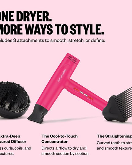 The Nano Titanium Light Ionic High-Speed Dryer by BaBylissPRO offers maximum smoothness and shine. T-shape design, fast airflow &amp; weighs under 1 lb. Now in a LIMITED EDITION Pink!
