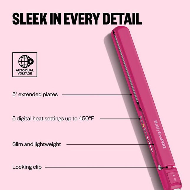 Limited Edition Pink Digital Ultra-Thin 1 Inch Flat Iron delivers even heat for sleek, shiny results with ultra-smooth Nano Titanium plates.