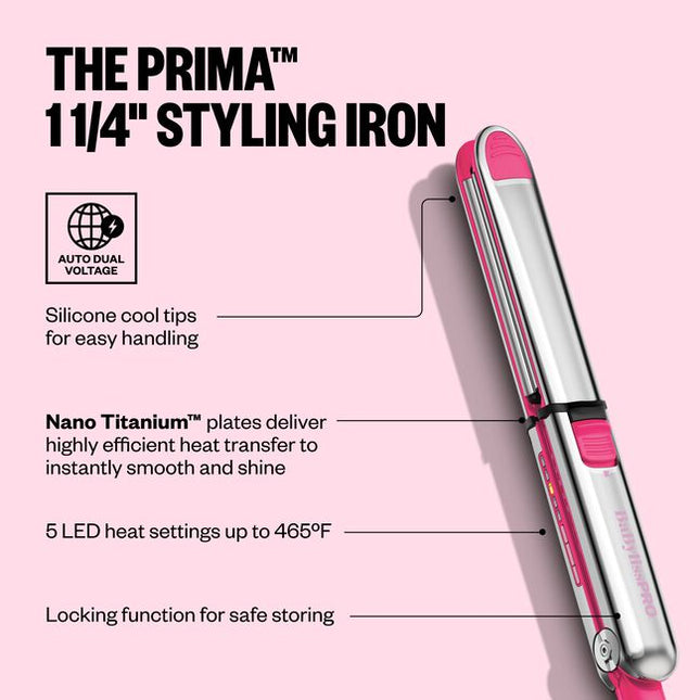 BaBylissPRO Limited Edition Pink Prima3000 1.25 Inch Styling Iron is a versatile tool that can curl, straighten, and wave hair while instantly smoothing for glossy results.