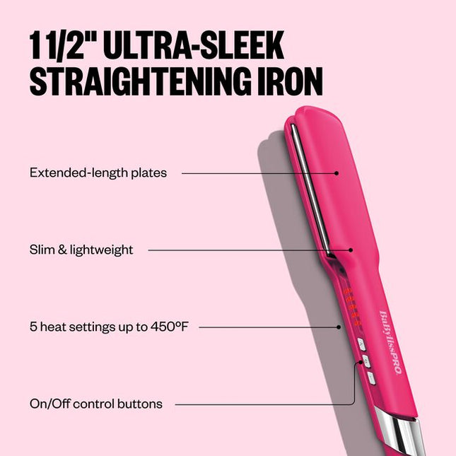 The BaBylissPRO Nano Titanium 1 1/2" Ultra-Sleek Hair Straightener is designed to deliver fast, high-heat smoothing power. Equipped with an advanced ceramic heater, this flat iron heats up instantly and maintains consistent temperatures up to 450°F, allowing you to smooth medium-to-long hair—even thick and coarse textures—quickly and with fewer passes.