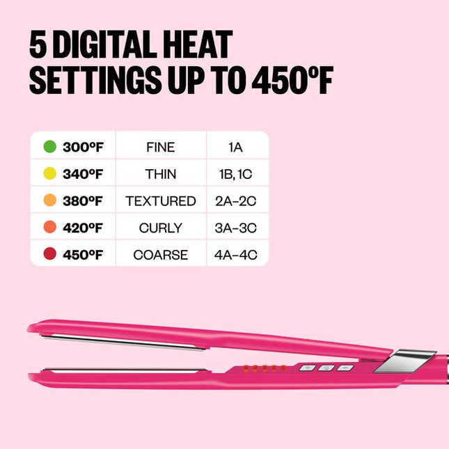 The BaBylissPRO Nano Titanium 1 1/2" Ultra-Sleek Hair Straightener is designed to deliver fast, high-heat smoothing power. Equipped with an advanced ceramic heater, this flat iron heats up instantly and maintains consistent temperatures up to 450°F, allowing you to smooth medium-to-long hair—even thick and coarse textures—quickly and with fewer passes.