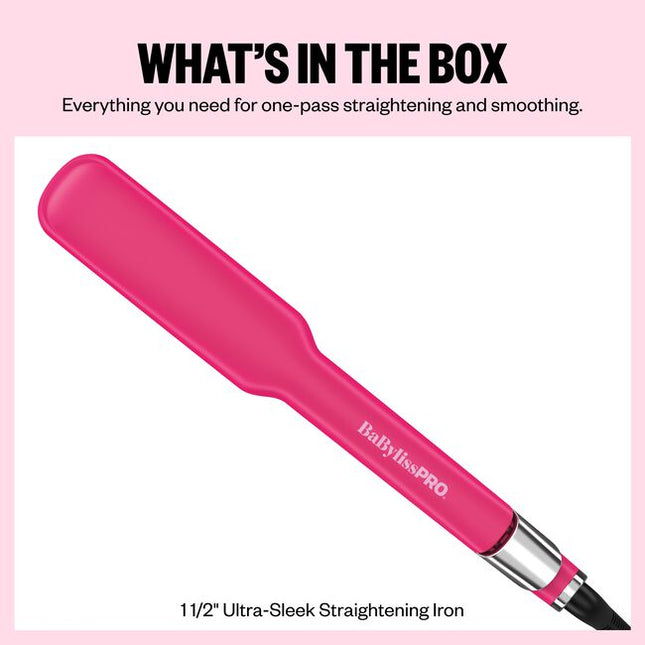 The BaBylissPRO Nano Titanium 1 1/2" Ultra-Sleek Hair Straightener is designed to deliver fast, high-heat smoothing power. Equipped with an advanced ceramic heater, this flat iron heats up instantly and maintains consistent temperatures up to 450°F, allowing you to smooth medium-to-long hair—even thick and coarse textures—quickly and with fewer passes.