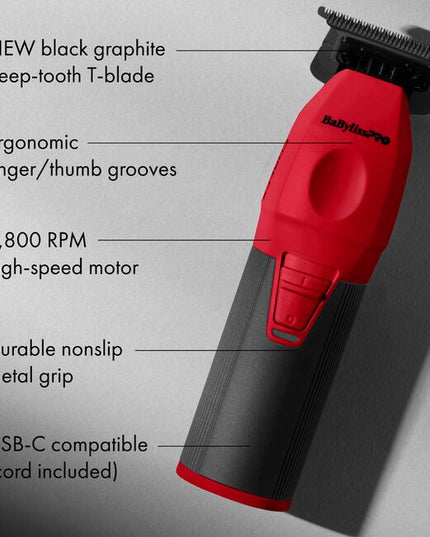 The Limited Edition Red COREFX Trimmer features a Black Graphite Deep-Tooth T-Blade, metal grip, high-speed motor, lithium-ion battery and cordless charging.