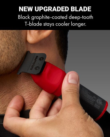 The Limited Edition Red COREFX Trimmer features a Black Graphite Deep-Tooth T-Blade, metal grip, high-speed motor, lithium-ion battery and cordless charging.