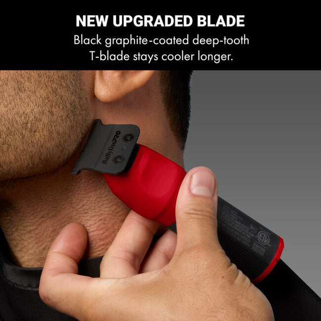 The Limited Edition Red COREFX Trimmer features a Black Graphite Deep-Tooth T-Blade, metal grip, high-speed motor, lithium-ion battery and cordless charging.
