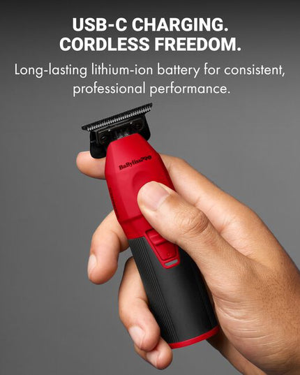 The Limited Edition Red COREFX Trimmer features a Black Graphite Deep-Tooth T-Blade, metal grip, high-speed motor, lithium-ion battery and cordless charging.