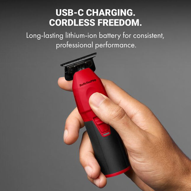 The Limited Edition Red COREFX Trimmer features a Black Graphite Deep-Tooth T-Blade, metal grip, high-speed motor, lithium-ion battery and cordless charging.