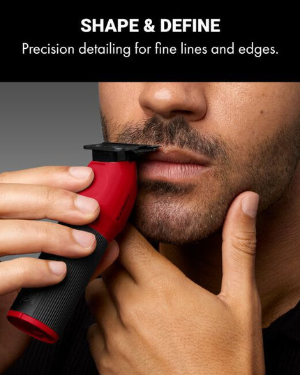 The Limited Edition Red COREFX Trimmer features a Black Graphite Deep-Tooth T-Blade, metal grip, high-speed motor, lithium-ion battery and cordless charging.