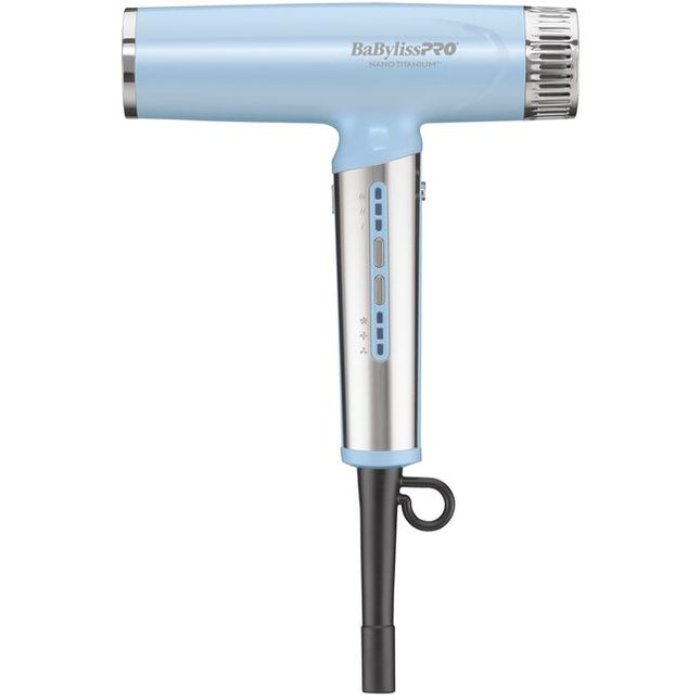 The Nano Titanium Light Ionic High-Speed Dryer by BaBylissPRO offers maximum smoothness and shine. T-shape design, fast airflow &amp; weighs under 1 lb. Now in a LIMITED EDITION Iced Blue!