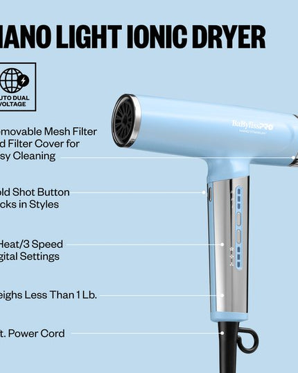 The Nano Titanium Light Ionic High-Speed Dryer by BaBylissPRO offers maximum smoothness and shine. T-shape design, fast airflow &amp; weighs under 1 lb. Now in a LIMITED EDITION Iced Blue!