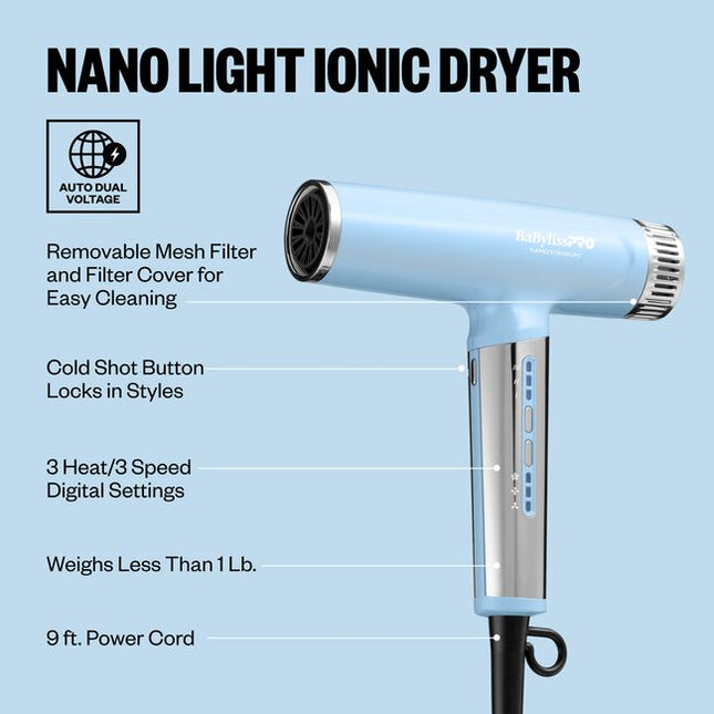 The Nano Titanium Light Ionic High-Speed Dryer by BaBylissPRO offers maximum smoothness and shine. T-shape design, fast airflow &amp; weighs under 1 lb. Now in a LIMITED EDITION Iced Blue!