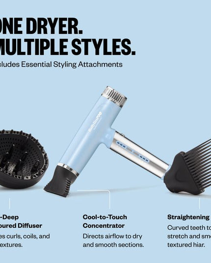 The Nano Titanium Light Ionic High-Speed Dryer by BaBylissPRO offers maximum smoothness and shine. T-shape design, fast airflow &amp; weighs under 1 lb. Now in a LIMITED EDITION Iced Blue!
