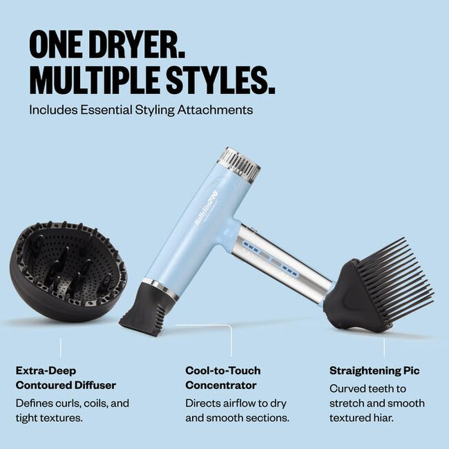 The Nano Titanium Light Ionic High-Speed Dryer by BaBylissPRO offers maximum smoothness and shine. T-shape design, fast airflow &amp; weighs under 1 lb. Now in a LIMITED EDITION Iced Blue!