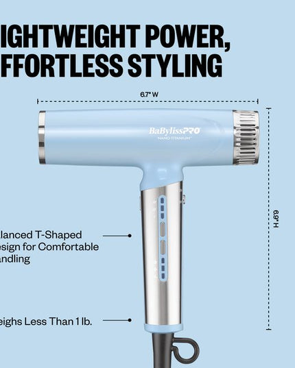 The Nano Titanium Light Ionic High-Speed Dryer by BaBylissPRO offers maximum smoothness and shine. T-shape design, fast airflow &amp; weighs under 1 lb. Now in a LIMITED EDITION Iced Blue!