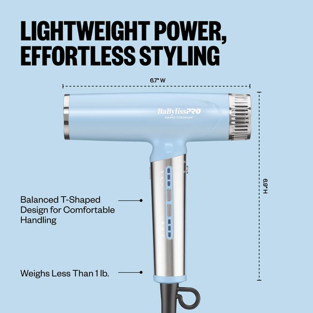 The Nano Titanium Light Ionic High-Speed Dryer by BaBylissPRO offers maximum smoothness and shine. T-shape design, fast airflow &amp; weighs under 1 lb. Now in a LIMITED EDITION Iced Blue!
