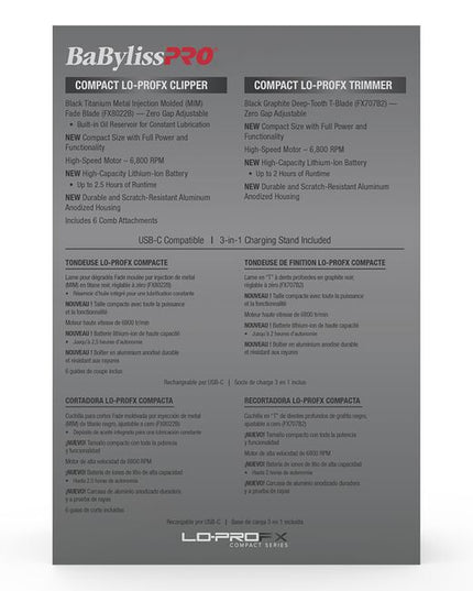 The Compact LOPROFX Series Matte Black Limited Edition Clipper + Trimmer set delivers full power in a sleeker, smaller frame. Both tools feature a high-speed 6,800 RPM motor, and new high-capacity battery for up to 2.5 hours of runtime, this set is engineered for smooth, consistent performance. Housed in durable anodized aluminum and paired with a 3-in-1 charging stand, this limited drop blends pro-grade function with compact control.