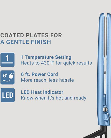 The compact design of this ¾” Nano Titanium flat iron makes it perfect for quick touch ups on-the go. Easily packs in purse, gym bag, or carry-on luggage.