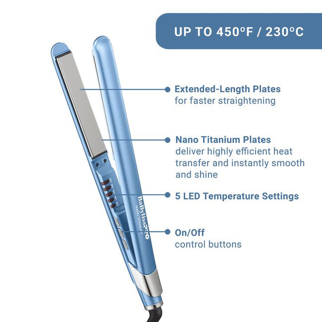 Extended length (4.5" long), full floating plates for faster straightening. Even heat transfer from 1” Nano Titanium plates leave hair smooth, sleek, and shiny.