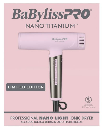The Nano Titanium Light Ionic High-Speed Dryer by BaBylissPRO offers maximum smoothness and shine. T-shape design, fast airflow & weighs under 1 lb. Now in a LIMITED EDITION pink!