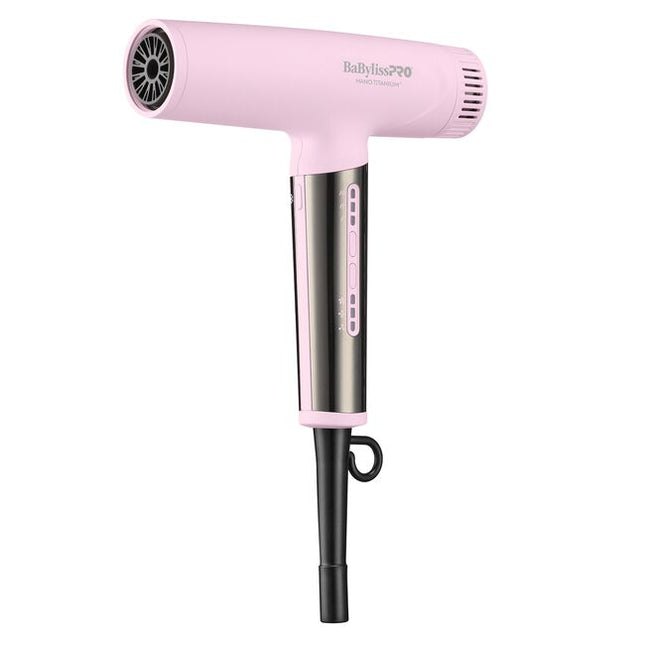 The Nano Titanium Light Ionic High-Speed Dryer by BaBylissPRO offers maximum smoothness and shine. T-shape design, fast airflow & weighs under 1 lb. Now in a LIMITED EDITION pink!