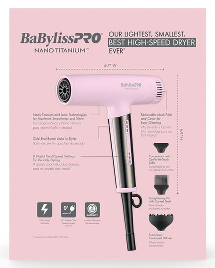 The Nano Titanium Light Ionic High-Speed Dryer by BaBylissPRO offers maximum smoothness and shine. T-shape design, fast airflow & weighs under 1 lb. Now in a LIMITED EDITION pink!