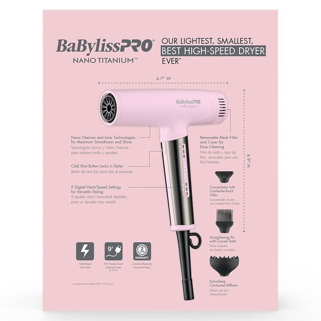 The Nano Titanium Light Ionic High-Speed Dryer by BaBylissPRO offers maximum smoothness and shine. T-shape design, fast airflow & weighs under 1 lb. Now in a LIMITED EDITION pink!