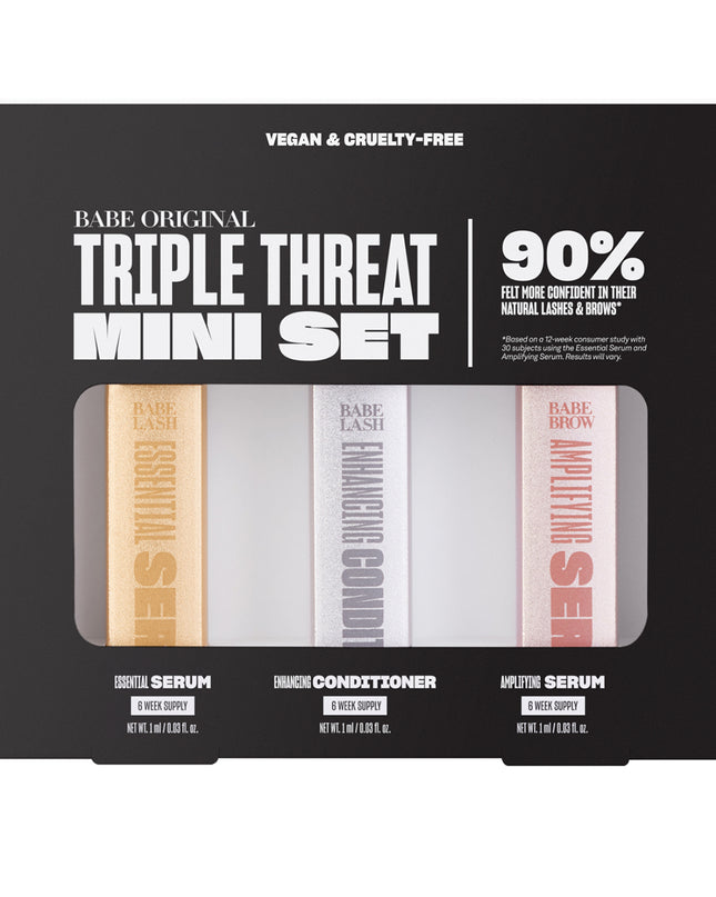 Get longer, fuller-looking lashes and fuller-looking brows in just weeks with this powerhouse mini set of best-selling treatments. Perfect for trial or travel, this trio includes our Essential Lash Serum, Enhancing Lash Conditioner, and Amplifying Brow Serum — each designed to nourish, strengthen, and enhance natural lashes and brows.