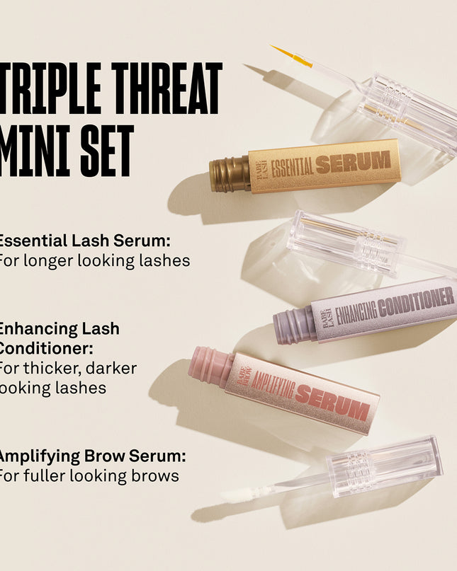 Get longer, fuller-looking lashes and fuller-looking brows in just weeks with this powerhouse mini set of best-selling treatments. Perfect for trial or travel, this trio includes our Essential Lash Serum, Enhancing Lash Conditioner, and Amplifying Brow Serum — each designed to nourish, strengthen, and enhance natural lashes and brows.
