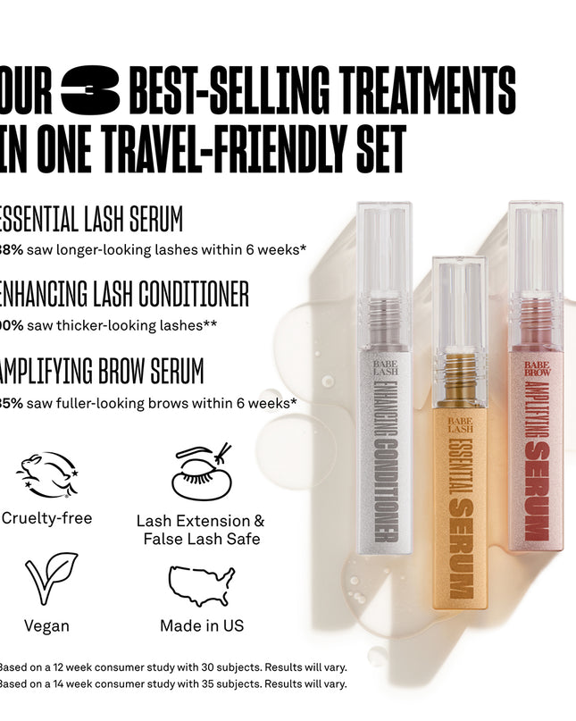 Get longer, fuller-looking lashes and fuller-looking brows in just weeks with this powerhouse mini set of best-selling treatments. Perfect for trial or travel, this trio includes our Essential Lash Serum, Enhancing Lash Conditioner, and Amplifying Brow Serum — each designed to nourish, strengthen, and enhance natural lashes and brows.