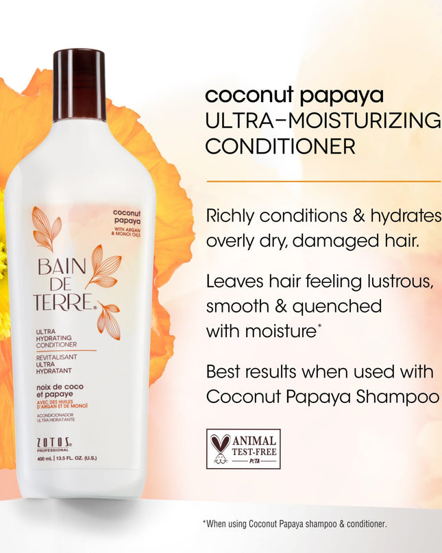 Bain de Terre's Coconut Papaya Conditioner richly conditions & hydrates overly dry, damaged hair. Lavishes hair in beautifying oils & lush botanical scents for soft, sumptuous, silky hair. Paraben-free. Color-safe.