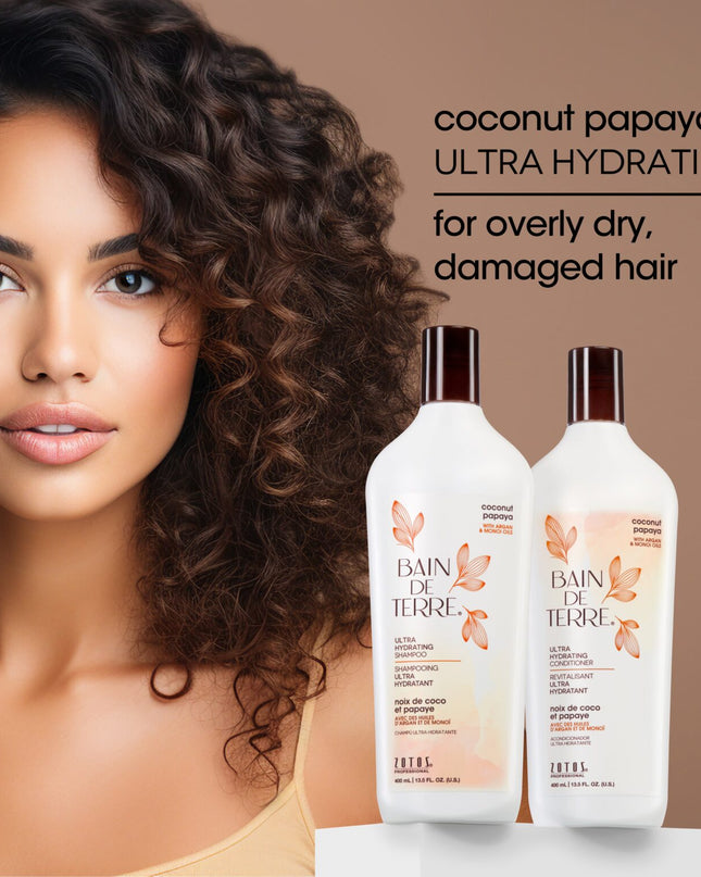 Bain de Terre's Coconut Papaya Conditioner richly conditions & hydrates overly dry, damaged hair. Lavishes hair in beautifying oils & lush botanical scents for soft, sumptuous, silky hair. Paraben-free. Color-safe.