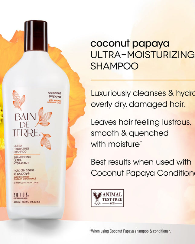 Bain de Terre's Coconut Papaya Shampoo luxuriously cleanses & hydrates overly dry, damaged hair. Lavishes hair in beautifying oils & lush botanical scents for soft, sumptuous, silky hair. Paraben-free. Color-safe.