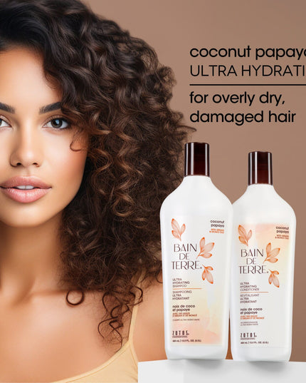 Bain de Terre's Coconut Papaya Shampoo luxuriously cleanses & hydrates overly dry, damaged hair. Lavishes hair in beautifying oils & lush botanical scents for soft, sumptuous, silky hair. Paraben-free. Color-safe.