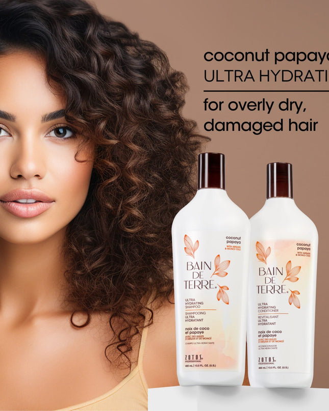 Bain de Terre's Coconut Papaya Shampoo luxuriously cleanses & hydrates overly dry, damaged hair. Lavishes hair in beautifying oils & lush botanical scents for soft, sumptuous, silky hair. Paraben-free. Color-safe.