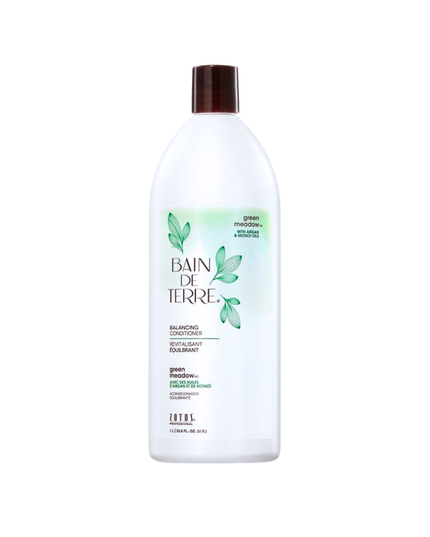 Bain de Terre's Green Meadow Balancing Conditioner richly conditions & balances normal to oily hair. Lavishes hair in beautifying oils & lush botanical scents for soft, sumptuous, silky hair. Paraben-free. Color-safe.