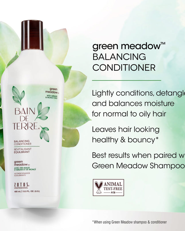 Bain de Terre's Green Meadow Balancing Conditioner richly conditions & balances normal to oily hair. Lavishes hair in beautifying oils & lush botanical scents for soft, sumptuous, silky hair. Paraben-free. Color-safe.