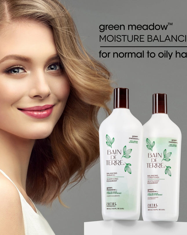 Bain de Terre's Green Meadow Balancing Conditioner richly conditions & balances normal to oily hair. Lavishes hair in beautifying oils & lush botanical scents for soft, sumptuous, silky hair. Paraben-free. Color-safe.