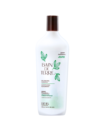 Bain de Terre's Green Meadow Balancing Shampoo luxuriously cleanses  balances normal to oily hair. Lavishes hair in beautifying oils & lush botanical scents for soft, sumptuous, silky hair. Paraben-free. Color-safe.