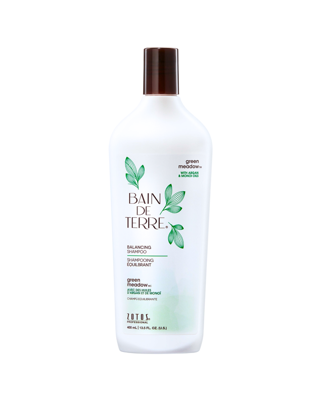 Bain de Terre's Green Meadow Balancing Shampoo luxuriously cleanses  balances normal to oily hair. Lavishes hair in beautifying oils & lush botanical scents for soft, sumptuous, silky hair. Paraben-free. Color-safe.