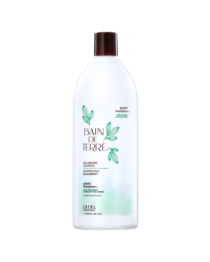 Bain de Terre's Green Meadow Balancing Shampoo luxuriously cleanses  balances normal to oily hair. Lavishes hair in beautifying oils & lush botanical scents for soft, sumptuous, silky hair. Paraben-free. Color-safe.