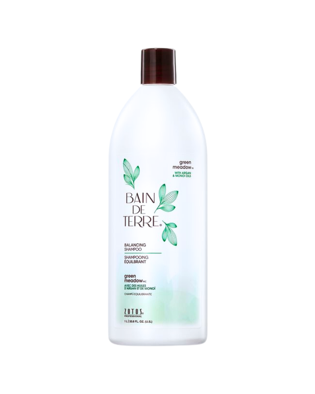 Bain de Terre's Green Meadow Balancing Shampoo luxuriously cleanses  balances normal to oily hair. Lavishes hair in beautifying oils & lush botanical scents for soft, sumptuous, silky hair. Paraben-free. Color-safe.