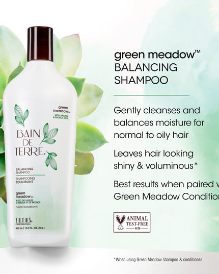 Bain de Terre's Green Meadow Balancing Shampoo luxuriously cleanses  balances normal to oily hair. Lavishes hair in beautifying oils & lush botanical scents for soft, sumptuous, silky hair. Paraben-free. Color-safe.