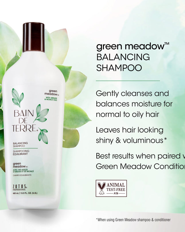 Bain de Terre's Green Meadow Balancing Shampoo luxuriously cleanses  balances normal to oily hair. Lavishes hair in beautifying oils & lush botanical scents for soft, sumptuous, silky hair. Paraben-free. Color-safe.
