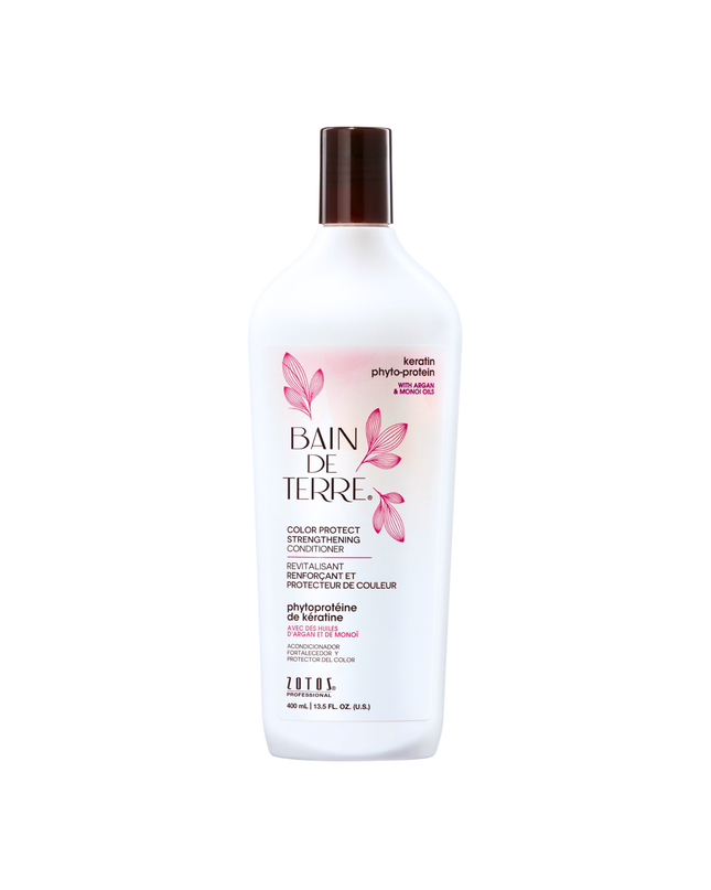 Bain de Terre's Keratin Phyto-Protein Strengthening Conditioner richly conditions & strengthens weak and damaged hair, making it 3X more resistant to breaking.* Promotes color retention for up to 6 weeks.** Lavishes hair in beautifying oils & lush botanical scents for soft, sumptuous, silky hair. Paraben-free. Color-safe. 