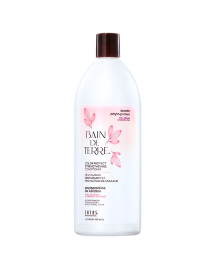 Bain de Terre's Keratin Phyto-Protein Strengthening Conditioner richly conditions & strengthens weak and damaged hair, making it 3X more resistant to breaking.* Promotes color retention for up to 6 weeks.** Lavishes hair in beautifying oils & lush botanical scents for soft, sumptuous, silky hair. Paraben-free. Color-safe. 
