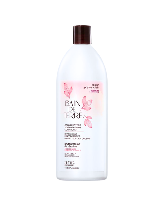 Bain de Terre's Keratin Phyto-Protein Strengthening Conditioner richly conditions & strengthens weak and damaged hair, making it 3X more resistant to breaking.* Promotes color retention for up to 6 weeks.** Lavishes hair in beautifying oils & lush botanical scents for soft, sumptuous, silky hair. Paraben-free. Color-safe. 