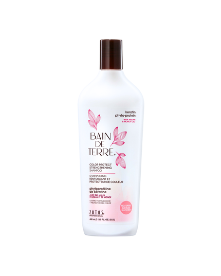 Bain de Terre's Keratin Phyto-Protein Strengthening Shampoo luxuriously cleanses & strengthens weak and damaged hair, making it 3X more resistant to breaking.* Promotes color retention up to 6 weeks.** Lavishes hair in beautifying oils & lush botanical scents for soft, sumptuous, silky hair. Paraben-free. Color-safe. 