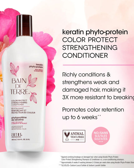 Bain de Terre's Keratin Phyto-Protein Strengthening Conditioner richly conditions & strengthens weak and damaged hair, making it 3X more resistant to breaking.* Promotes color retention for up to 6 weeks.** Lavishes hair in beautifying oils & lush botanical scents for soft, sumptuous, silky hair. Paraben-free. Color-safe. 