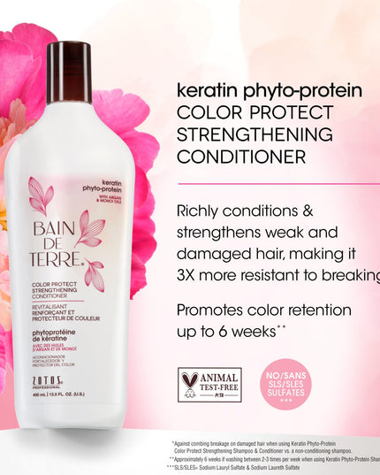 Bain de Terre's Keratin Phyto-Protein Strengthening Shampoo luxuriously cleanses & strengthens weak and damaged hair, making it 3X more resistant to breaking.* Promotes color retention up to 6 weeks.** Lavishes hair in beautifying oils & lush botanical scents for soft, sumptuous, silky hair. Paraben-free. Color-safe. 